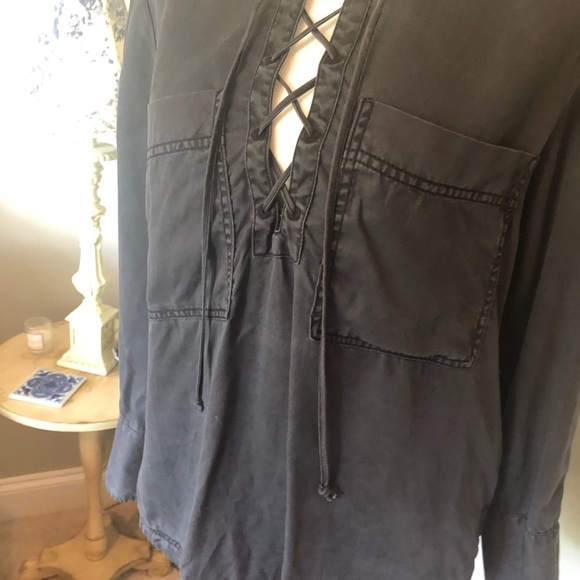 Free People slate colored, long sleeve blouse with lace up neckline - Picture 6 of 11